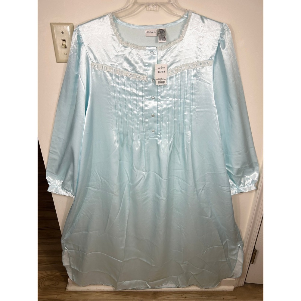 VTG Delicates Nightgown Women L Aqua Satin‎ Lace Trim Pintuck 90s Traditional